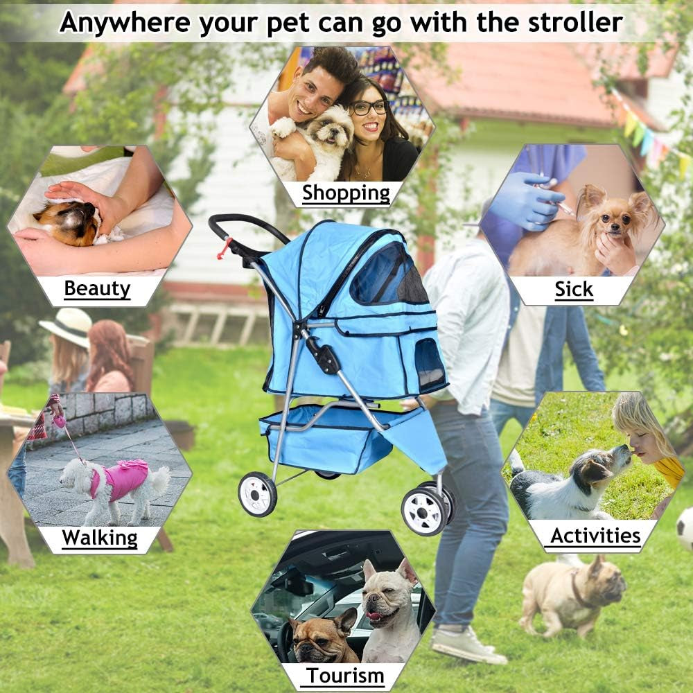 Lightweight 3-Wheel Pet Stroller - Foldable Dog & Cat Carrier with Mesh & Weather Cover, Perfect for Outdoor Walks & Travel (Blue)
