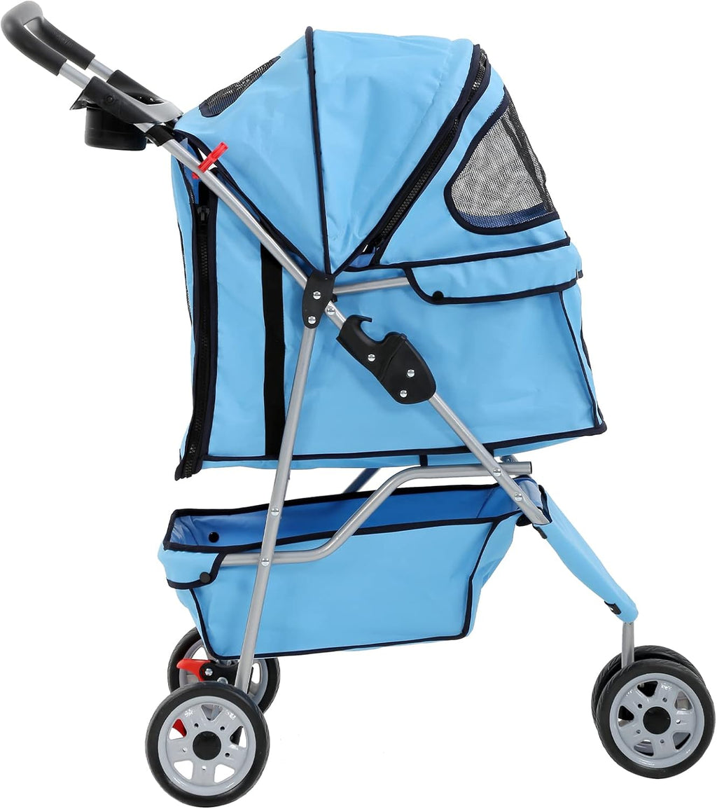 Lightweight 3-Wheel Pet Stroller - Foldable Dog & Cat Carrier with Mesh & Weather Cover, Perfect for Outdoor Walks & Travel (Blue)
