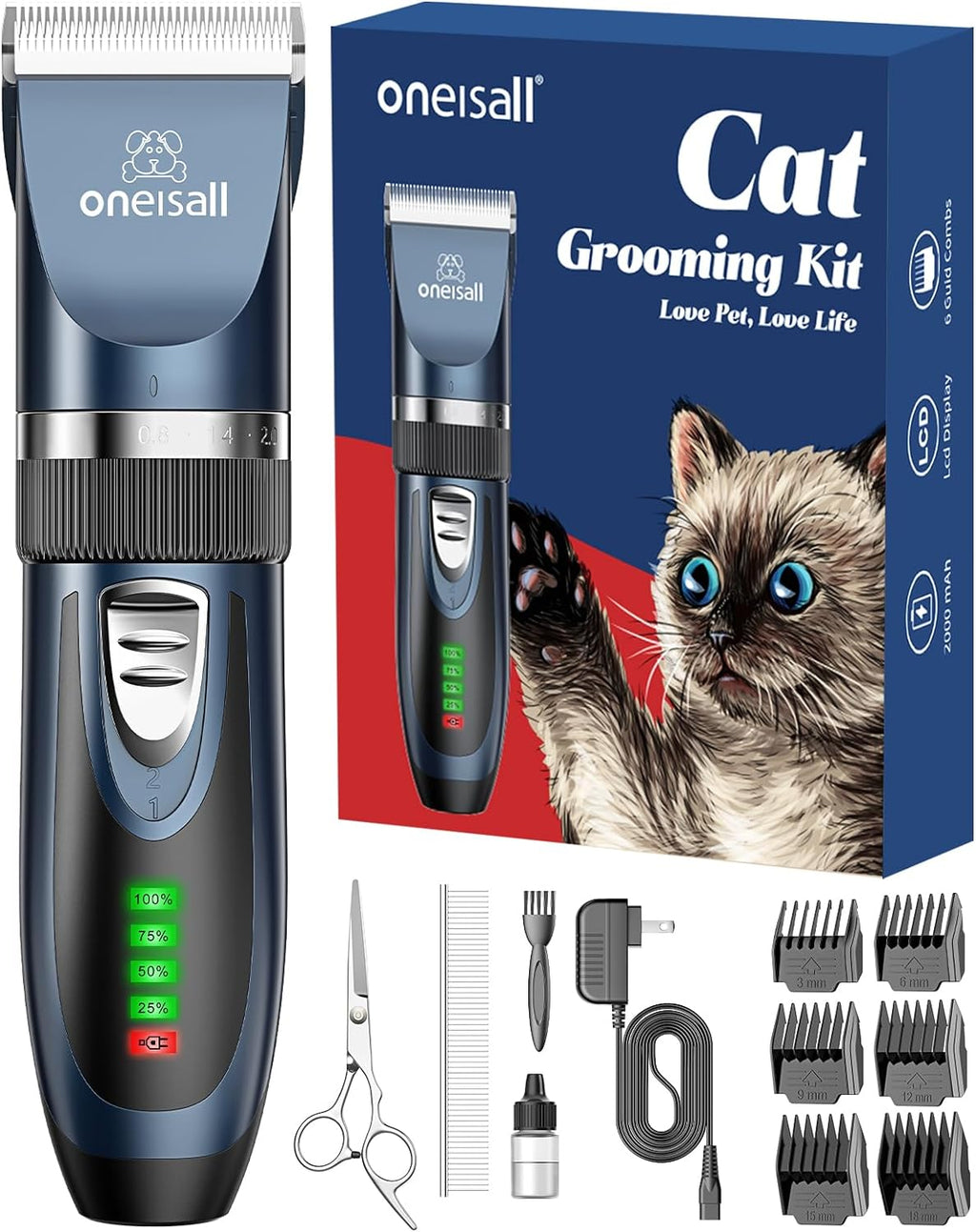 Whisper-Quiet Cat Clippers for Matted & Long Hair - 2-Speed Cordless Grooming Kit for Cats & Small Dogs (Blue)
