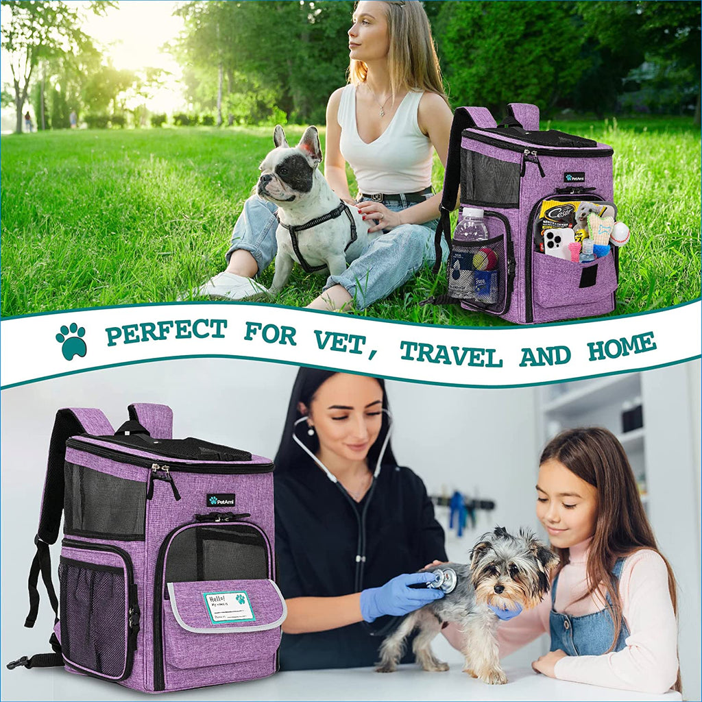 Airline Approved Dog Backpack Carrier - 4-Way Entry, Ventilated Mesh, Collapsible Pet Carrier for Small Pets (up to 18 lbs) - Perfect for Hiking, Travel & Vet Visits - Stylish Purple Design