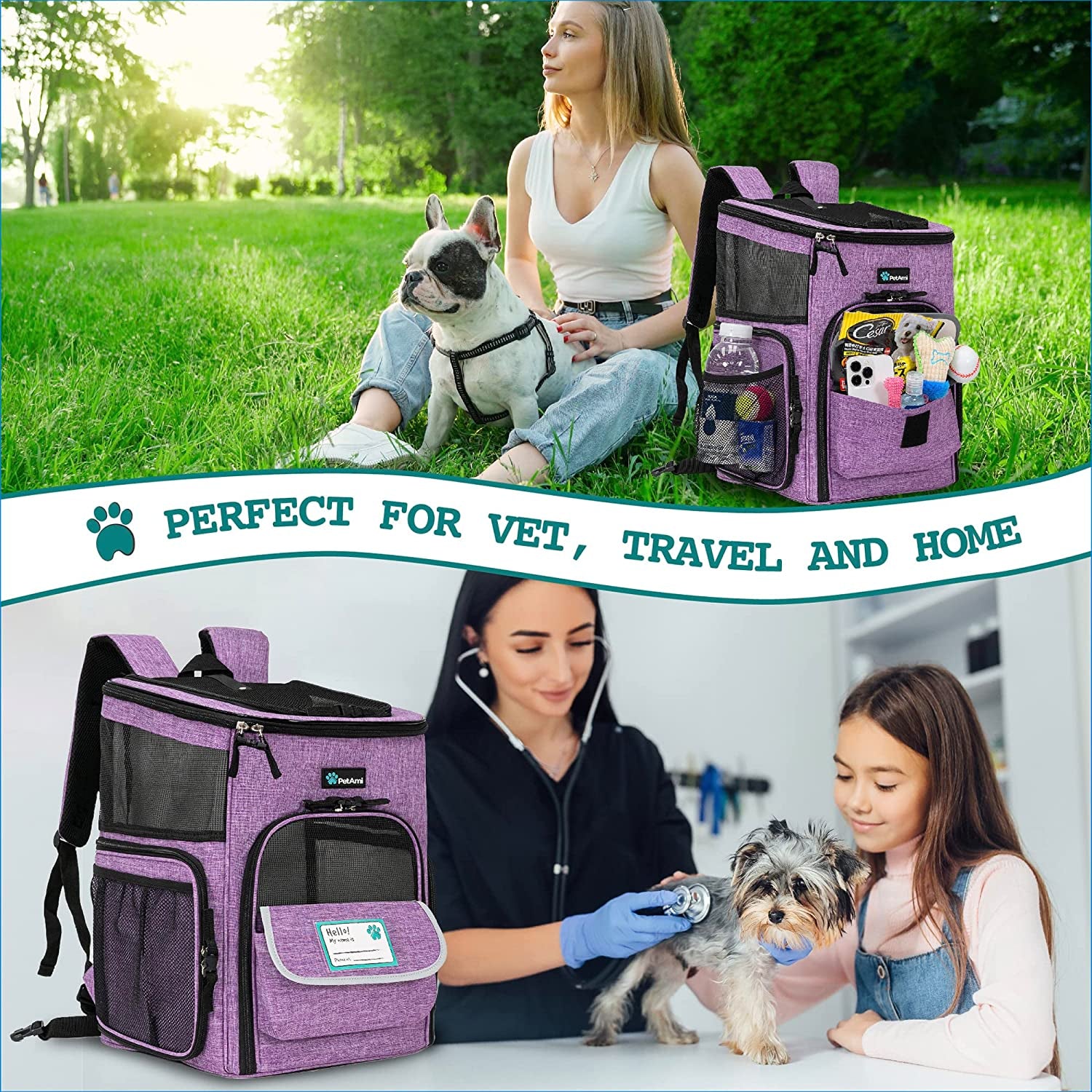 Airline Approved Dog Backpack Carrier - 4-Way Entry, Ventilated Mesh, Collapsible Pet Carrier for Small Pets (up to 18 lbs) - Perfect for Hiking, Travel & Vet Visits - Stylish Purple Design
