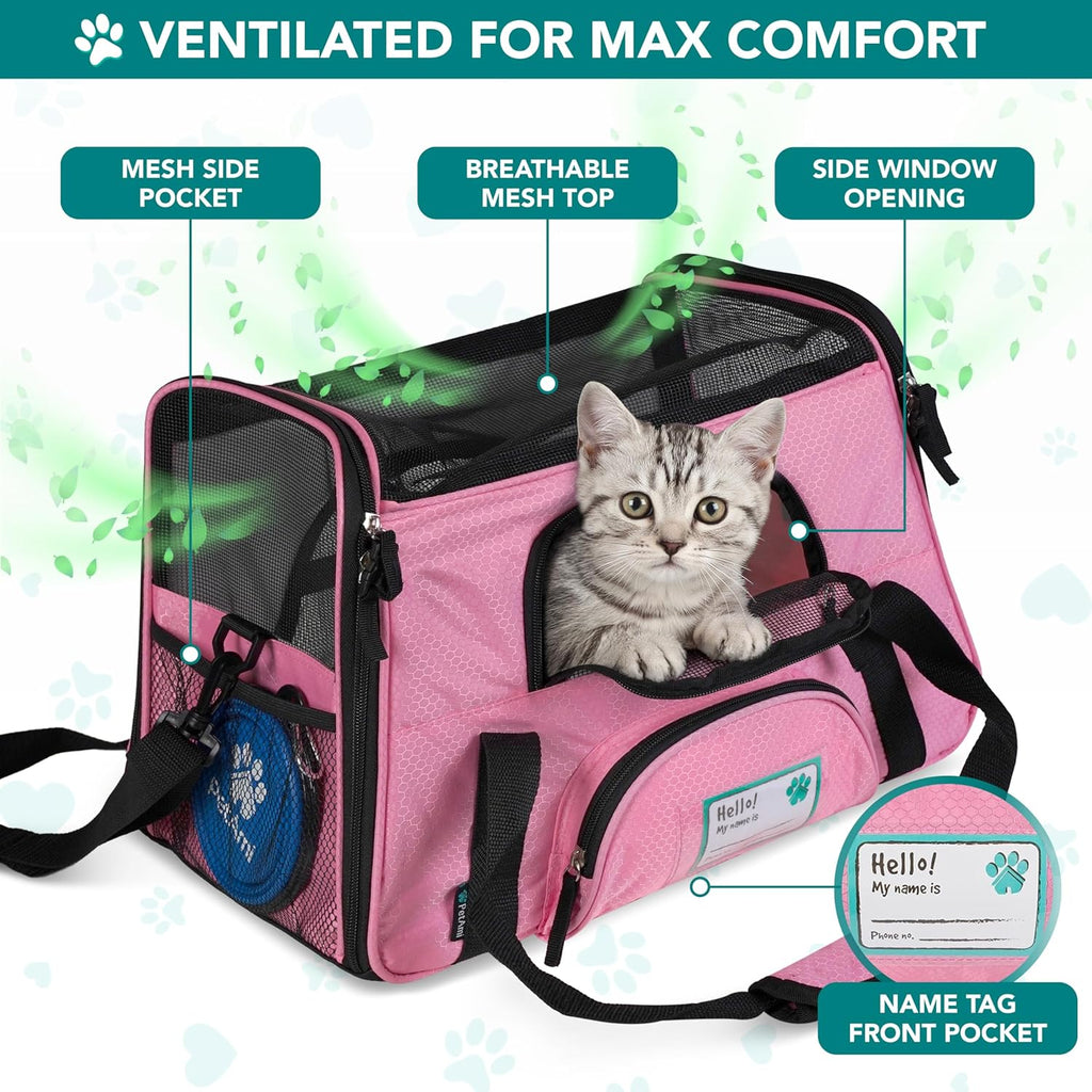 Stylish Deluxe Airline Approved Pet Carrier for Cats & Small Dogs - Soft Sided Travel Bag with Sherpa Bed & Collapsible Bowl - Perfect for Under Seat Travel, Up to 18 Lbs - Large Pink Design