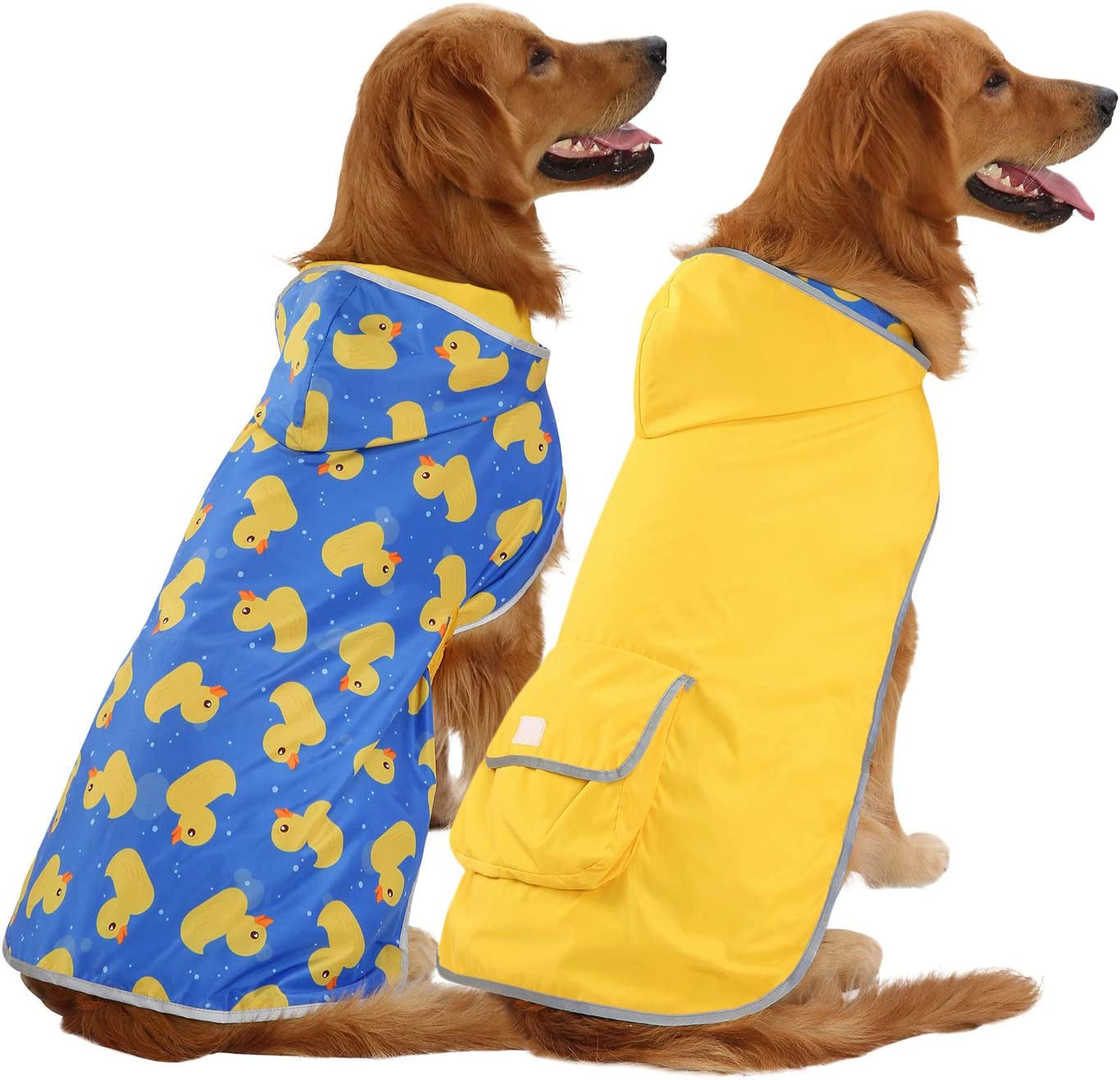 Stylish Reversible Hooded Dog Raincoat - Waterproof Poncho Jacket for Small to Large Dogs & Ducks - Bright Yellow - Size L