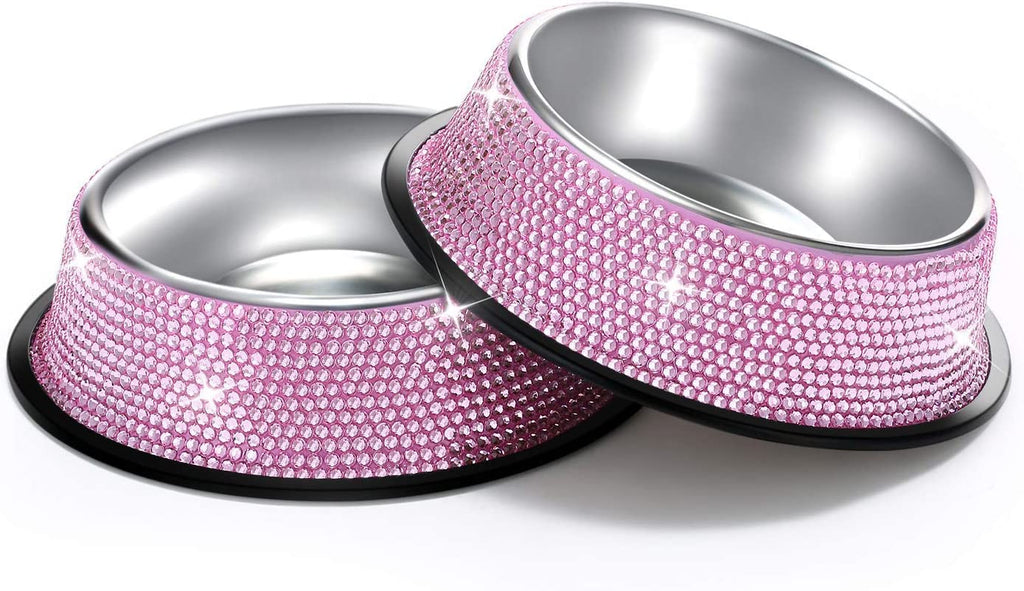 Glamorous Pink Bling Dog Bowls - Set of 2 Handmade Rhinestone Stainless Steel Feeders for Dogs and Cats (640ML)