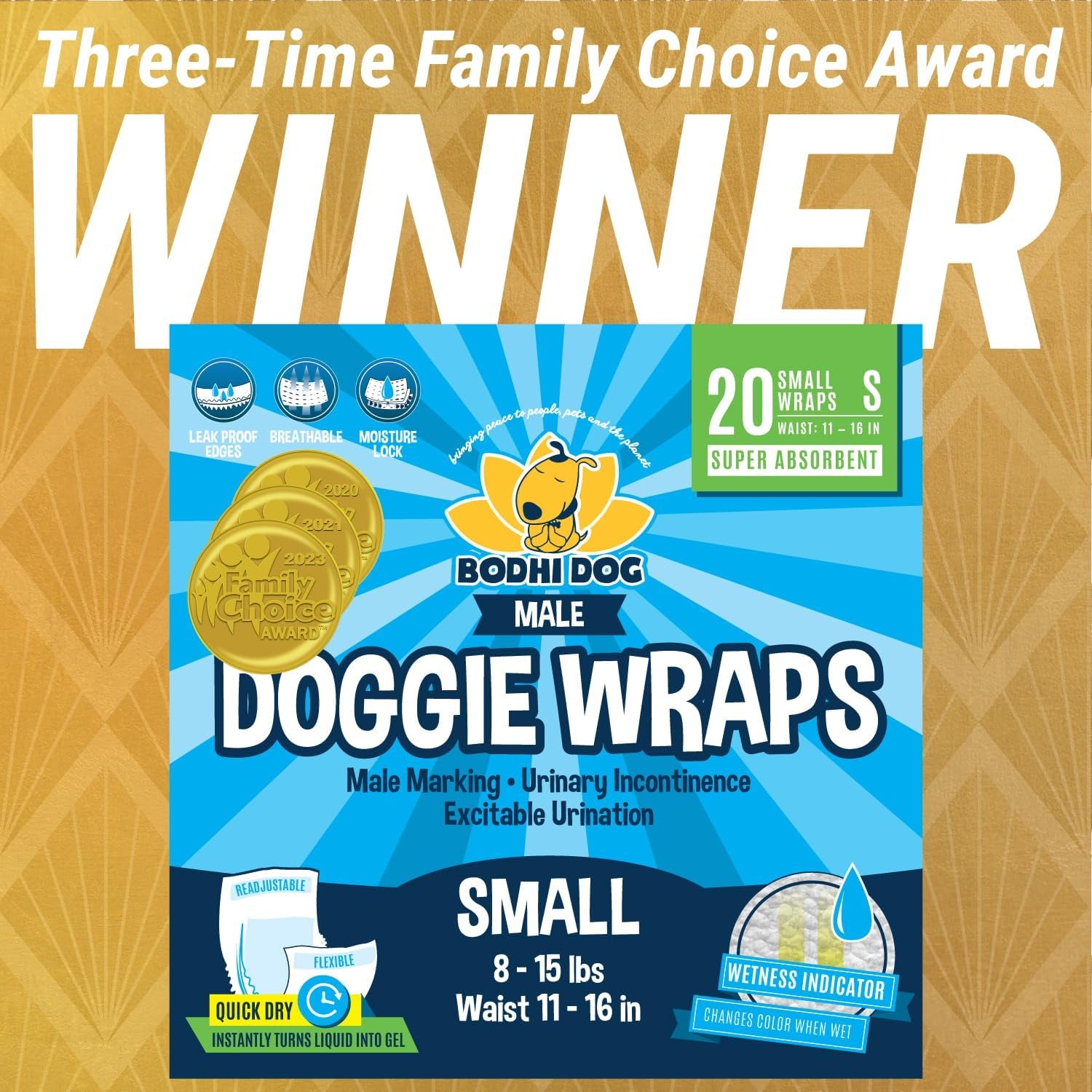 Super Absorbent Leak-Proof Male Dog Diapers - 20 Count Small with Adjustable Fit, Moisture Control & Wetness Indicator