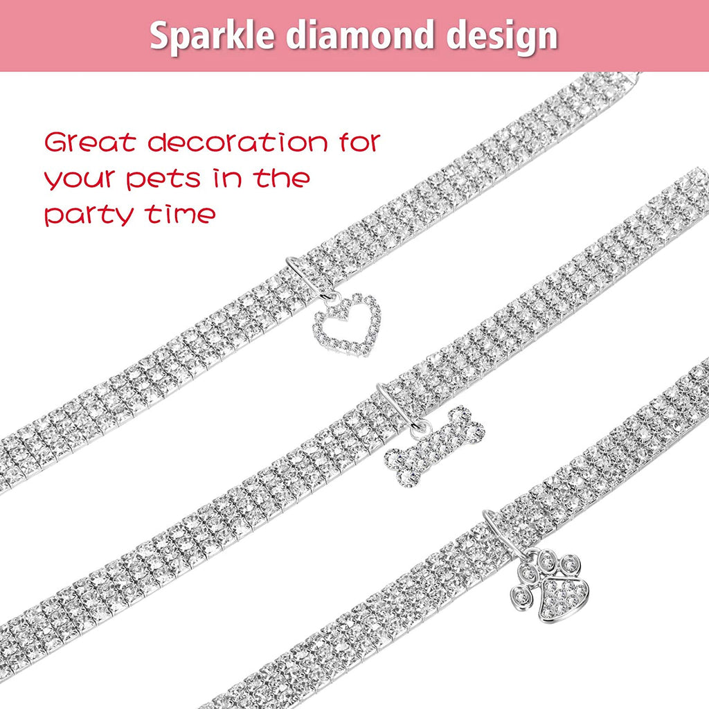 Bling Rhinestones Adjustable Pet Collars - Sparkling Crystal Necklaces for Small Dogs and Cats (3 Pack, White)
