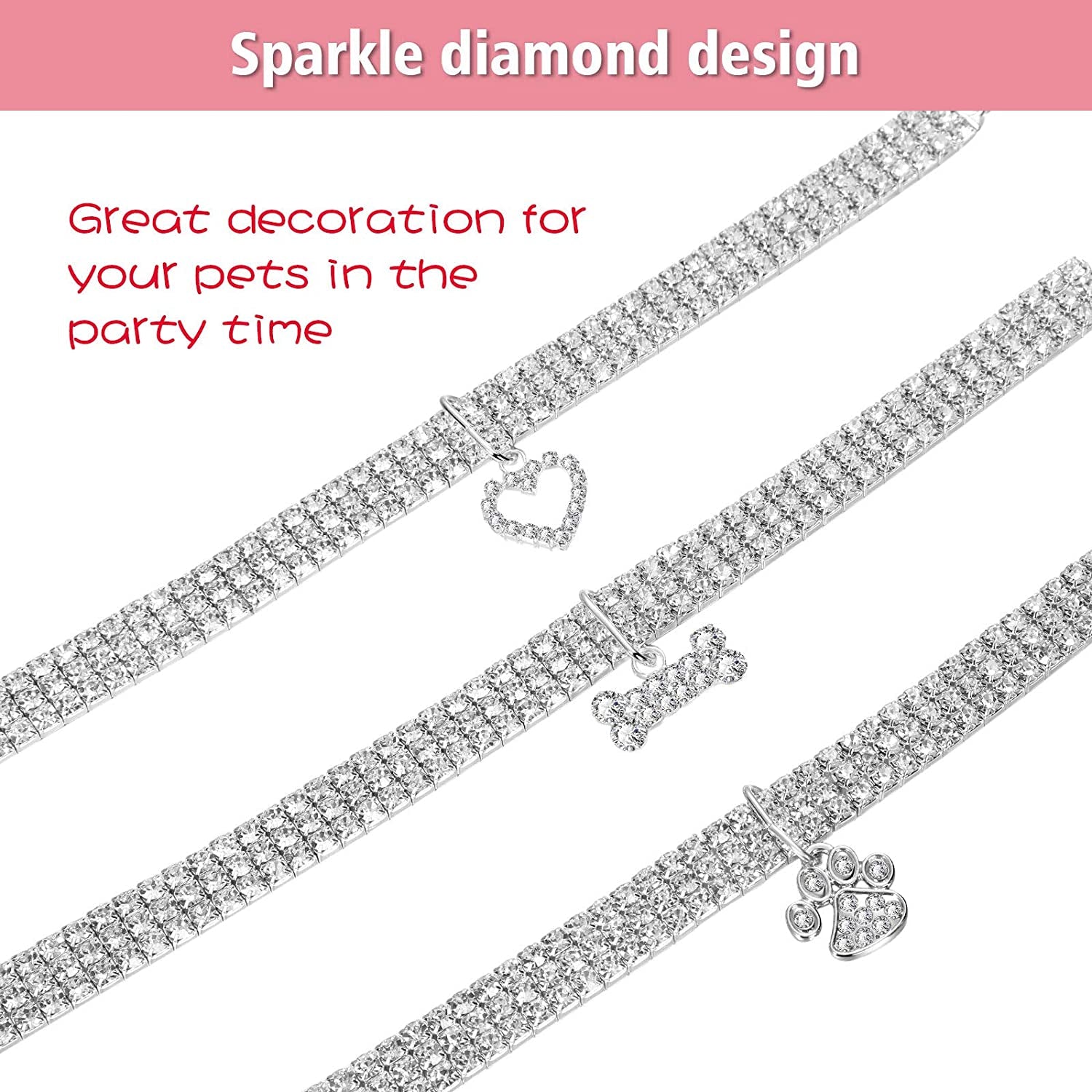 Bling Rhinestones Adjustable Pet Collars - Sparkling Crystal Necklaces for Small Dogs and Cats (3 Pack, White)