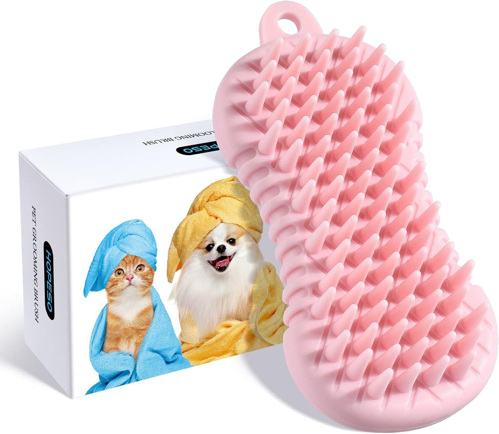 Revolutionary Pet Grooming Shampoo Brush - 2021 Silicone Bath Brush for Dogs & Cats with Soothing Massage Bristles - Effortlessly Removes Loose Fur (5 Inch, Pink)