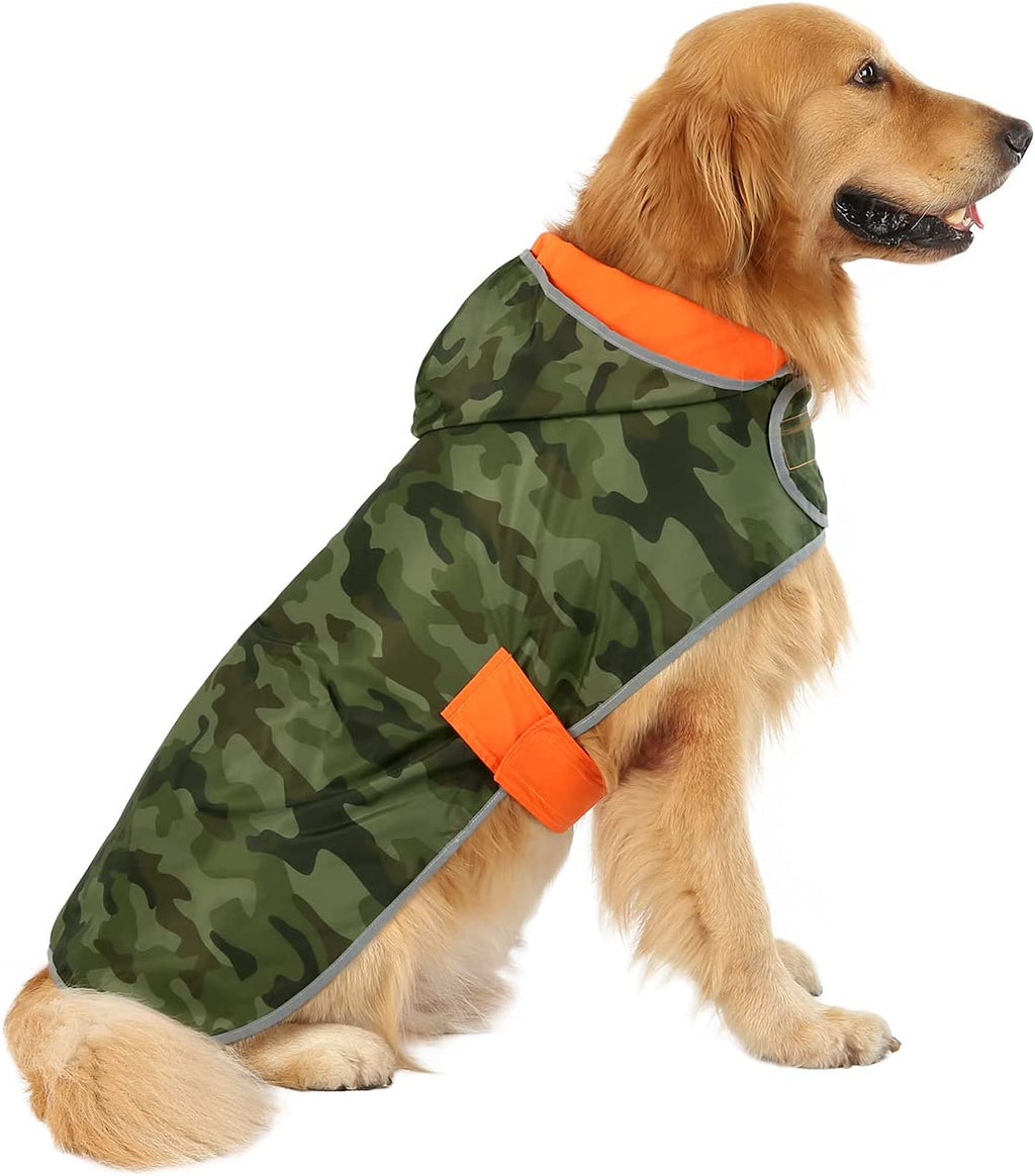 Stylish Reversible Camo & Orange Dog Raincoat - Hooded Slicker Poncho for Small to Large Dogs (Size L)