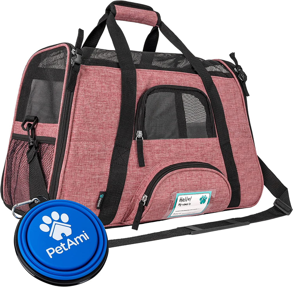 Airline Approved Soft-Sided Pet Carrier for Cats & Small Dogs - Comfortable Sherpa Bed, Breathable Mesh, Collapsible Bowl, Up to 18 lbs, Stylish Heather White & Red Design
