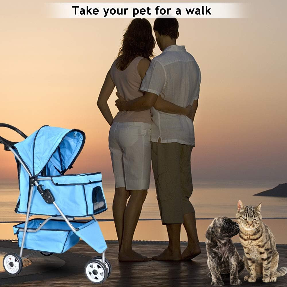 Lightweight 3-Wheel Pet Stroller - Foldable Dog & Cat Carrier with Mesh & Weather Cover, Perfect for Outdoor Walks & Travel (Blue)