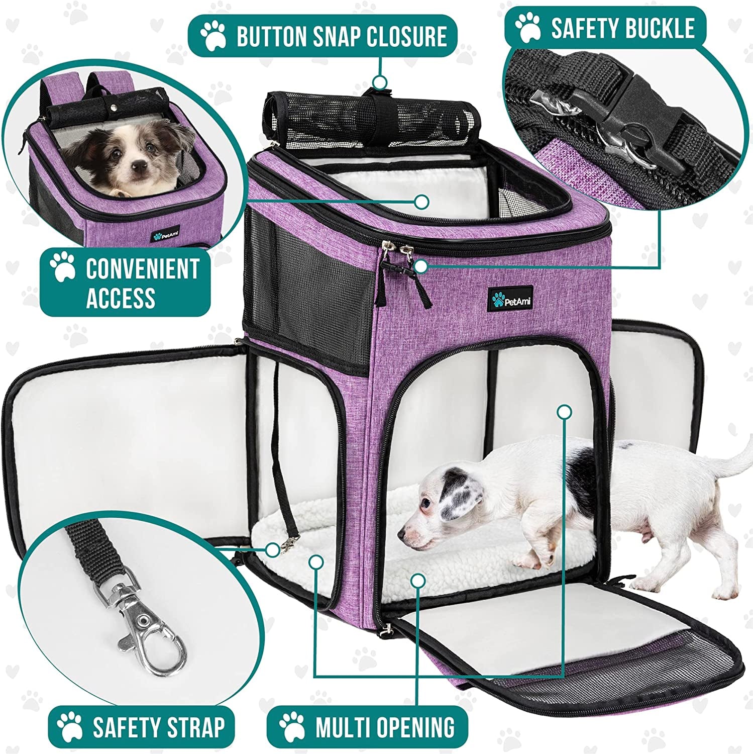 Airline Approved Dog Backpack Carrier - 4-Way Entry, Ventilated Mesh, Collapsible Pet Carrier for Small Pets (up to 18 lbs) - Perfect for Hiking, Travel & Vet Visits - Stylish Purple Design