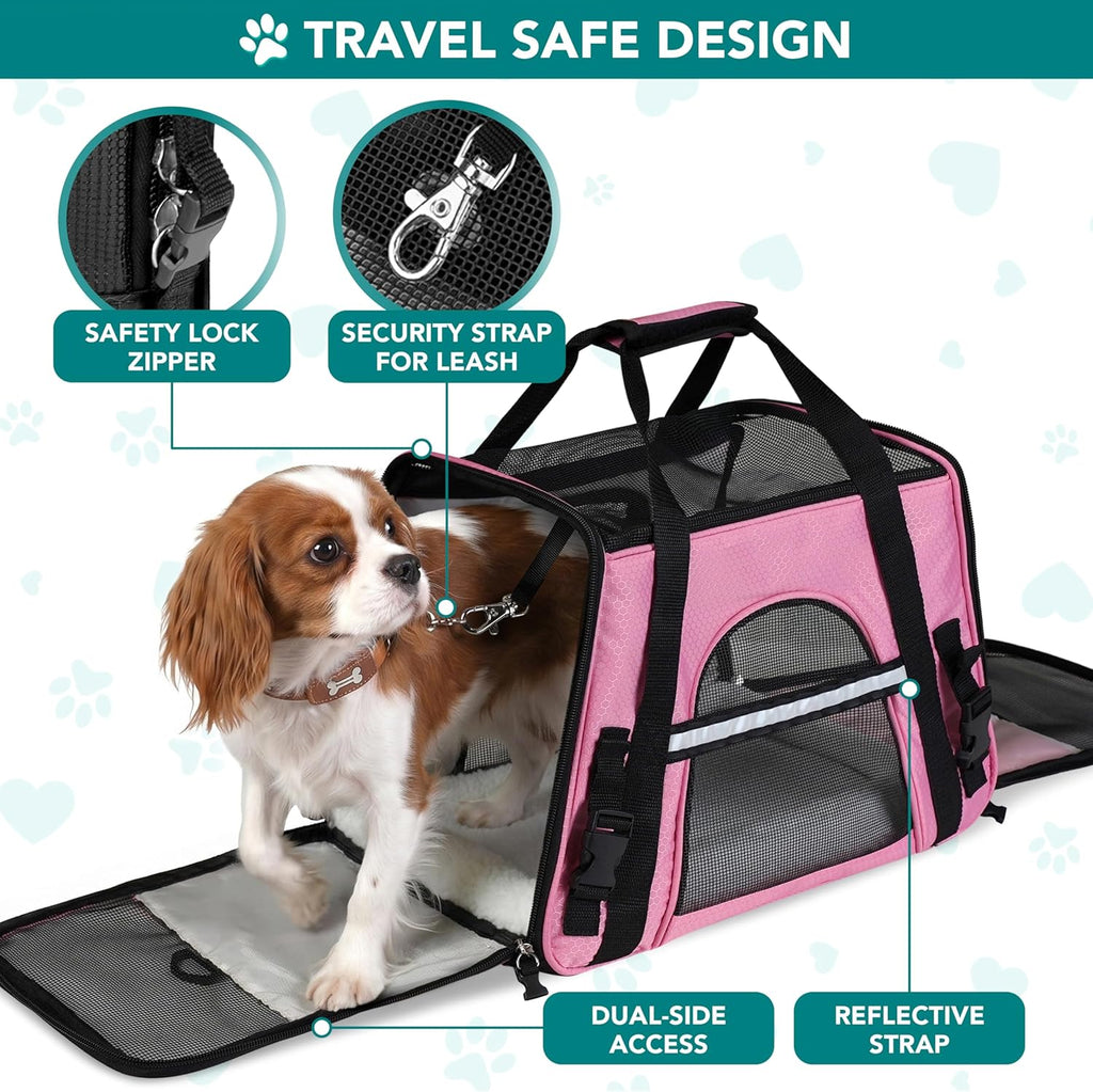 Stylish Deluxe Airline Approved Pet Carrier for Cats & Small Dogs - Soft Sided Travel Bag with Sherpa Bed & Collapsible Bowl - Perfect for Under Seat Travel, Up to 18 Lbs - Large Pink Design