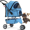 Lightweight 3-Wheel Pet Stroller - Foldable Dog & Cat Carrier with Mesh & Weather Cover, Perfect for Outdoor Walks & Travel (Blue)