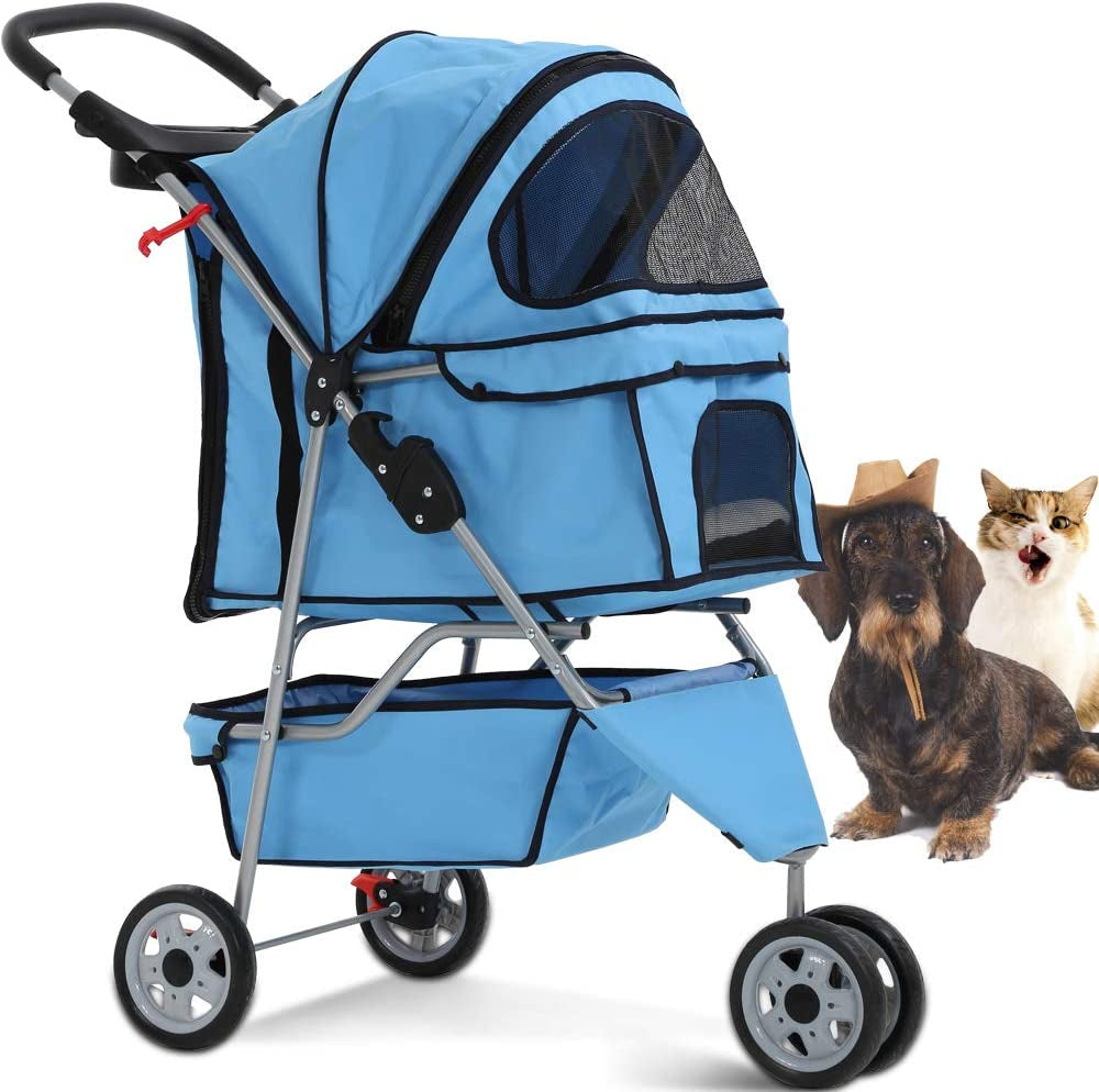 Lightweight 3-Wheel Pet Stroller - Foldable Dog & Cat Carrier with Mesh & Weather Cover, Perfect for Outdoor Walks & Travel (Blue)